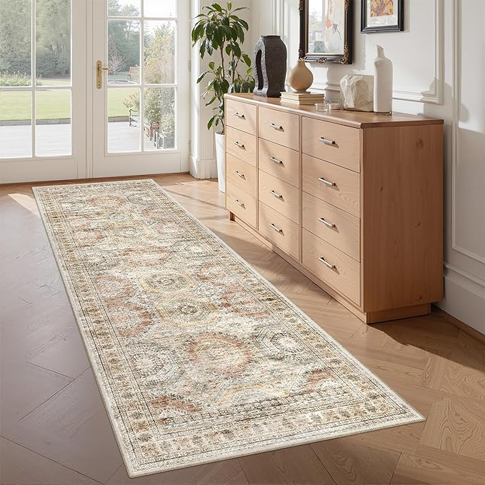 Washable Runner Rugs for Bedroom - 2x6 Runner Rug Non Slip, Ultra-Thin Entryway Runner, Soft Abstract Kitchen Runner for Hallway, Laundry, Bathroom, Indoor Door Mat(2'x6', Brown/Pink)