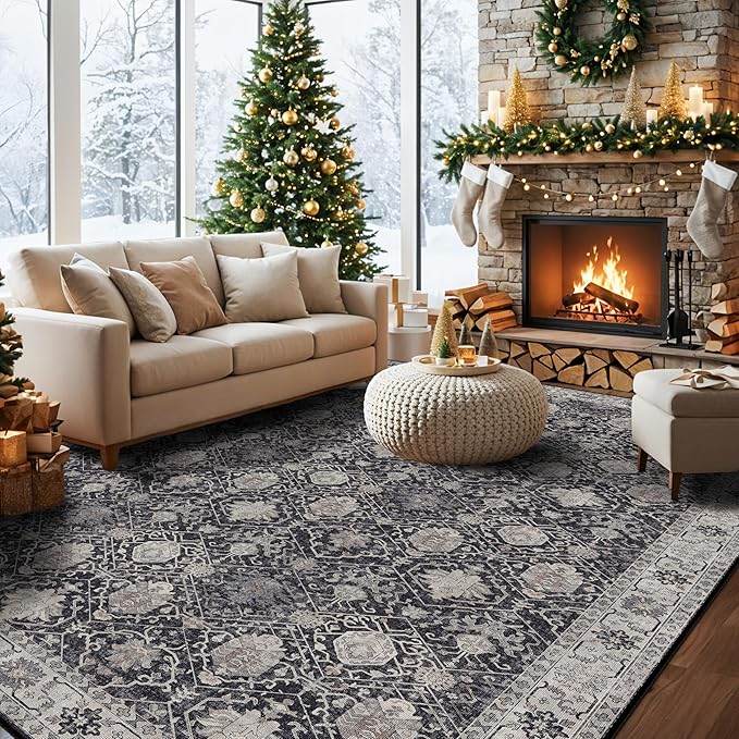 Washable Large 9x12 Area Rug: Indoor Oriental Living Room Carpet with Non Slip Backing Ultra Soft Low Pile Rugs for Bedroom Dining Room Distressed Stain Resistant Thin Floor Mat (9x12 Black)