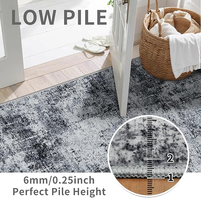 Hallway Runner Rug 2x8 Washable: Entryway Runners Rugs Non Slip Easy-to-Clean - Soft Living Room Bedroom Carpet - Thin Low Pile Printed Floor Mat for Dining Room Black Grey