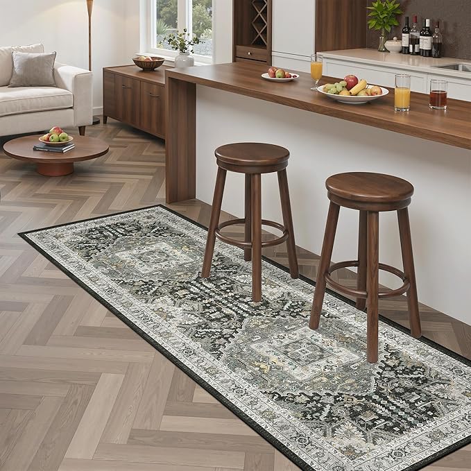 Madane Washable Kitchen Runner Rug 2x6, Ultra-Thin Non-Slip Hallway Runner, Stain Resistant Vintage Entryway Carpet Runner, Pet Friendly Low Pile Runners, Grey Green/Black Olive