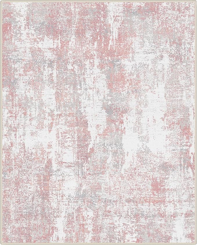 Area Rugs 9x12 for Living Room Bedroom, Modern Abstract Machine Washable Rug, Large Soft Low Pile Floor Carpet with Non Slip Backing for Dining Room, Pink/Grey