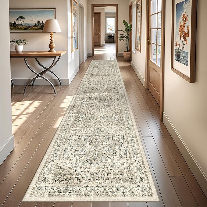 Hallway Runner Rug 2x12, Extra Long Washable Runner Rugs with Rubber Backing, Non Slip Runner, Vintage Rug Runners for Kitchen Laundry Room Entryway (Brown/Beige,2'x12')
