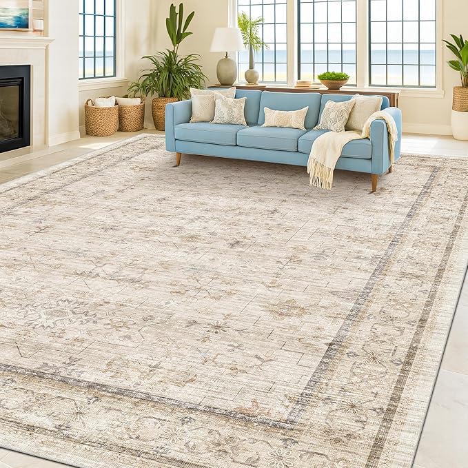 Hazo Haus Washable Ivory Living Room Rug, 8x10 Non Slip Area Rugs for Bedroom, Dinning Room Under Table Low Pile Neutral Farmhouse Vintage Foldable Decor