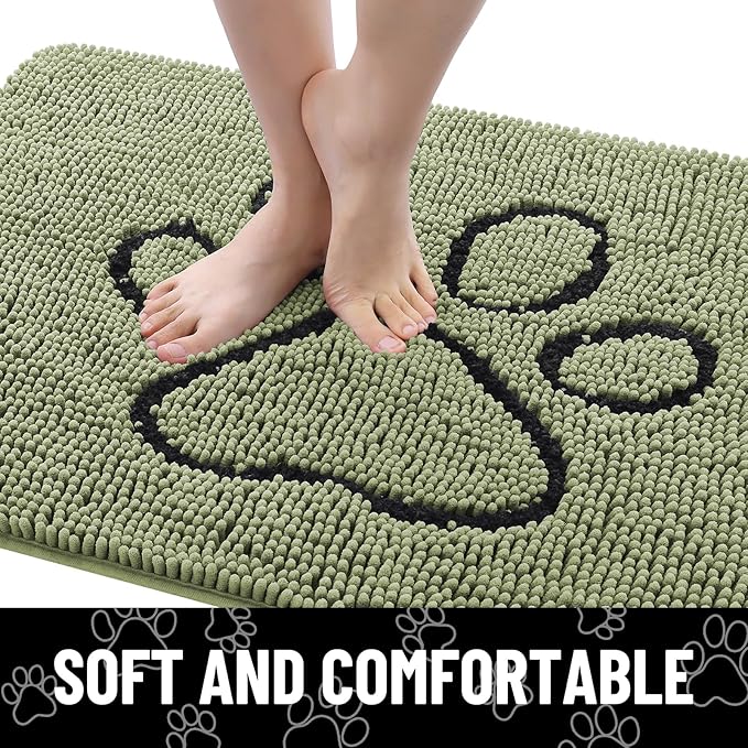 Smiry Dog Door Mat for Muddy Paws, Absorbent Dirt Trapper Non Slip Quick Dry Washable Chenille Mat for Mud Dogs, Entry Rug for Indoor and Outdoor (36x24 Inches, Sage Green and Black)