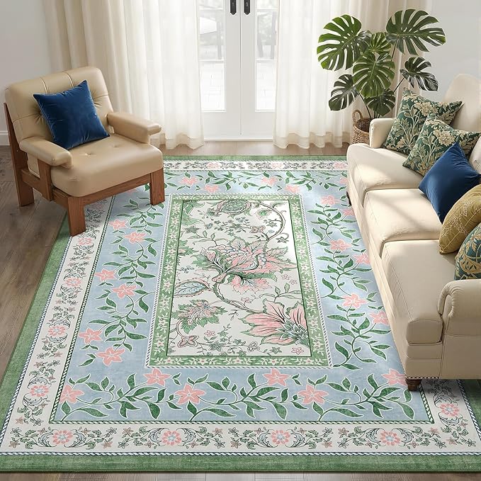 GarveeHome Blue Green Pink Area Rugs 9x12 Living Room, Botanical Grove Cottage core Washable Non-Slip Rug for Bedroom Dining Nursery Low-Pile Vintage Large Soft Carpet
