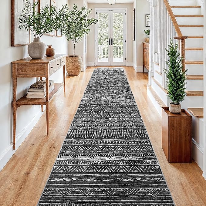 3x15 Washable Kitchen Runner Rug: Modern Moroccan Runners for Hallway Soft Non Slip Rugs with Rubber Backing Low Pile Thin Waterproof Floor Carpet for Entryway Bedroom Bathroom Indoor 3x15 Black