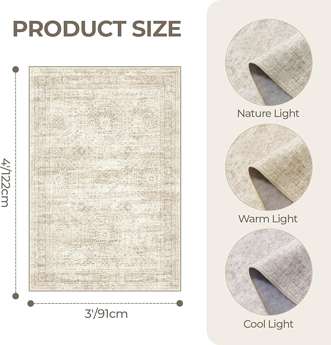 3x4 Washable Area Rug for Entryway, Soft Kitchen Rugs Non Slip for Dining Room, Vintage Abstract Living Room Rug, Thin Area Rugs Indoor for Bedroom, Kids Room Decor(3'x4', Beige/Ivory)