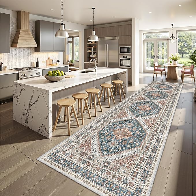 Kitchen Runner Rug Non Slip Washable 2.5x10, Soft Ultra-Thin Entryway Rug Runners for Hallways, Carpet Runner for Living Room,Kitchen, Laundry, Bathroom(Blue/Red,2.5'x10')