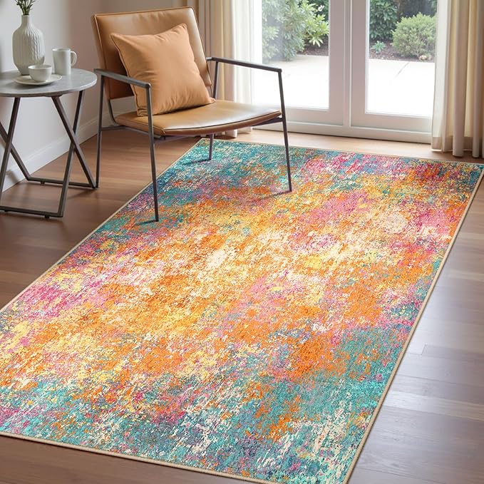 Washable Area Rugs 4'x6' Non-Slip Modern Abstract Soft for Living Room Entryway Bedroom Nursery, Print Pattern, Orange Blue Pink Yellow Colorful