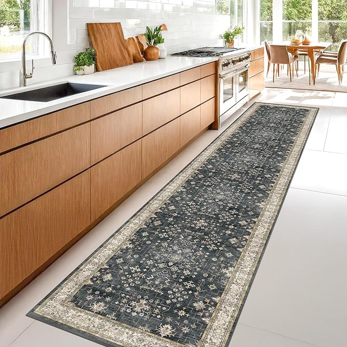 Black Boho Washable 2x10 Hallway Runner Rug - Extra Long Runners for Kitchen, Bathroom, Stair, Non-Slip Floor Carpet Rugs for Large Entryway Indoor, Vintage Multi Ashen Floral Decor