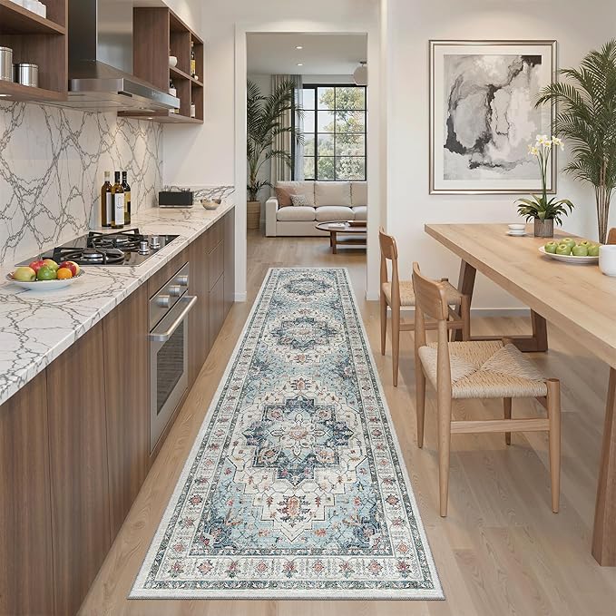 Madane Runner Rug 2x8, Washable Hallway Runner Rugs, Non-Slip Low-Pile Soft Kitchen Rug Runner Laundry Room Rug, Vintage Throw Entry Foyer Mat for Entrance Living Room (Blue, 2 x 8)