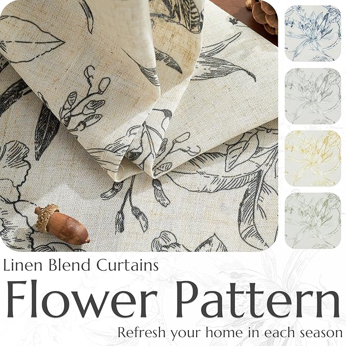jinchan Floral Curtains 90 Inch Length Black Flower Linen Farmhouse Curtain for Living Room French Country Vintage Curtain Rod Pocket Curtains Set 2 Panels Balck Floral Printed