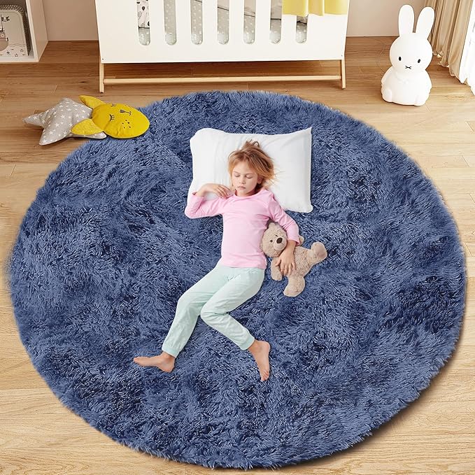 Navy Blue Round Rugs for Bedroom: 4ft Circle Fluffy Shag Soft Washable Rug Small Fuzzy Plush Indoor Carpet for Kids Girls Boys Nursery Dorm Classroom (Navy Blue, 4'x4')