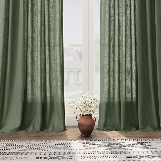 Olive Green Linen Curtains 120 Inch Extra Long for Living Room Back Tab Light Filtering Semi Sheer Drapes Modern Farmhouse Boho Decor Cotton Textured Curtain for Floor to Ceiling High Window 52x120