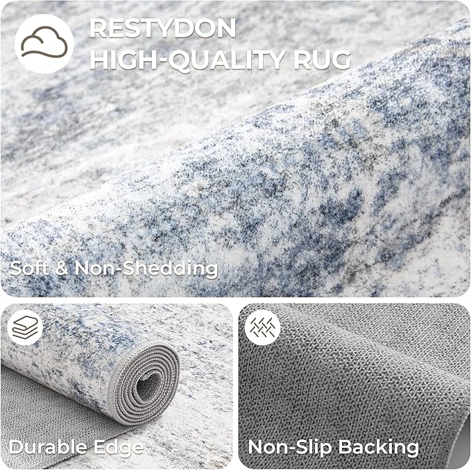 Washable Runner Rugs for Bedroom - 2x6 Runner Rug Non Slip, Ultra-Thin Entryway Runner, Soft Abstract Kitchen Runner for Hallway, Laundry, Indoor Door Mat(2'x6', Blue/Brown/Ivory)