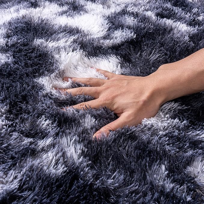 Black and White Rug for Living Room, 9x12 Area Rug for Bedroom, Bedside Indoor Floor Fluffy Shag Carpet, Plush Soft Rug for Boys Girls Kids Room Nursery Dorm Home Decor