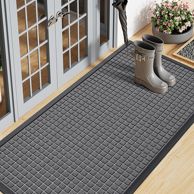 Smiry Front Door Mat Outside Entrance, Heavy Duty Natural Rubber Doormat, Non Slip, Trap Dirt and Moisture, Easy Clean, Low Profile Welcome Floor Mats for Indoor Outdoor Entry, 71x23 Inch, Grey