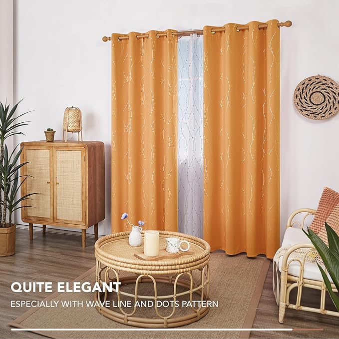 Deconovo Blackout Small Curtains for Living Room, 45 Inch Length, Pack of 2 - Thermal Insulated Curtains, Wave Line with Dots Pattern (W52 X L45 Inch, Orange Flame, Set of 2)