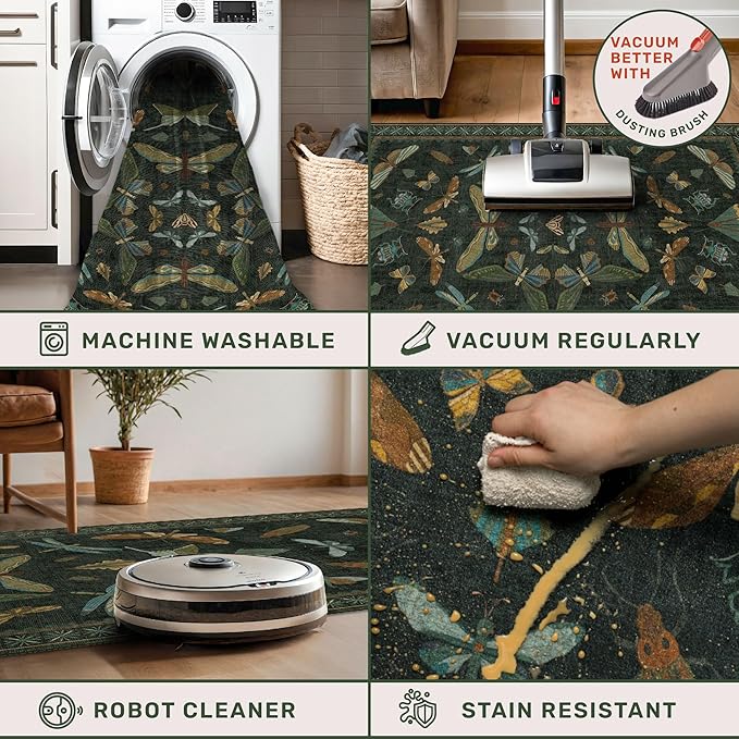 Hazo Haus 2x3 Entry Way Rugs Indoor - Dark Green Small Throw Rug for Kitchen, Bathroom, Insect Boho Design, Washable Non Slip Stain Resistant