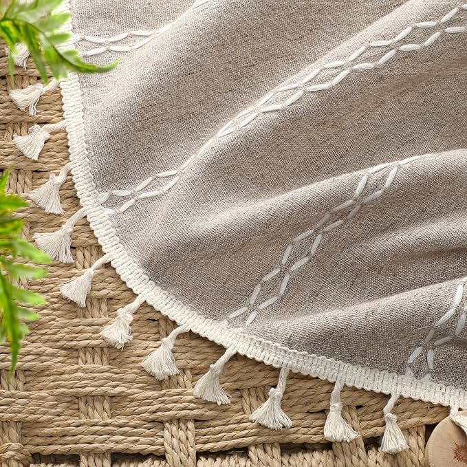 Brown Boho Blackout Curtains 2 Panels 84 Inch for Living Room Bedroom, Warm Taupe Linen Texture Farmhouse Curtains with Tassels and White Cotton Embroidery Vintage Rustic Country Western