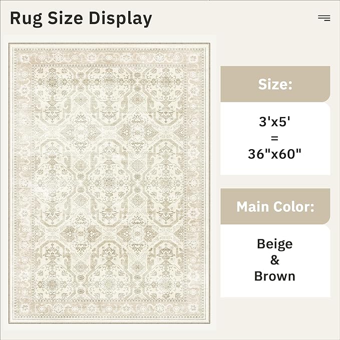 3x5 Rug, Small Area Rug for Kitchen, Entryway, Machine Washable Non-Slip Throw Rug, Vintage Carpet for Nursery Coffee Table Beige/Brown