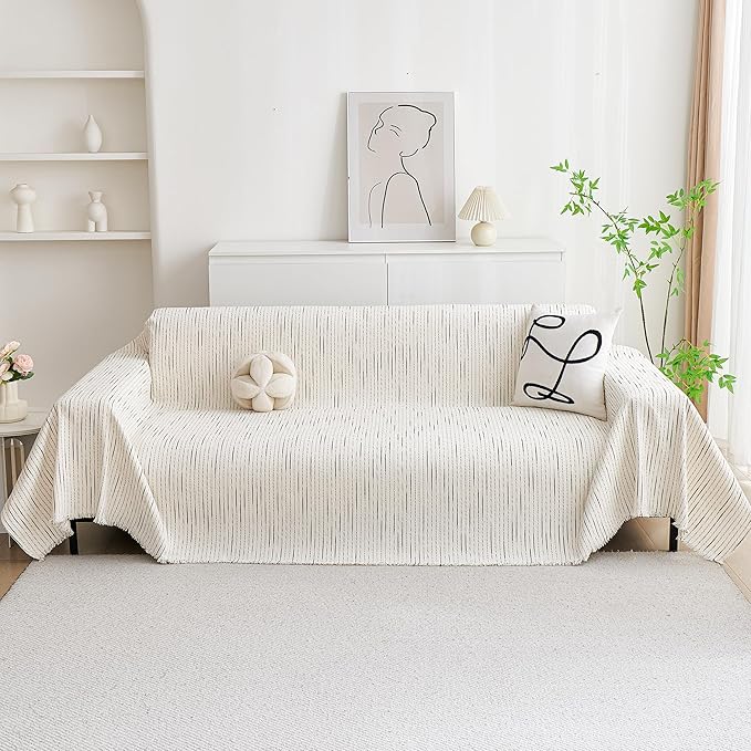 MYSKY HOME Couch Cover for Dogs, Sectional Couch Cover, Beige Lines Sofa Covers for Sectional Sofa L Shape Love Seat Couch Covers for Dogs Pets, Sofa Slipcovers Washable Soft Throw, 71"X102"