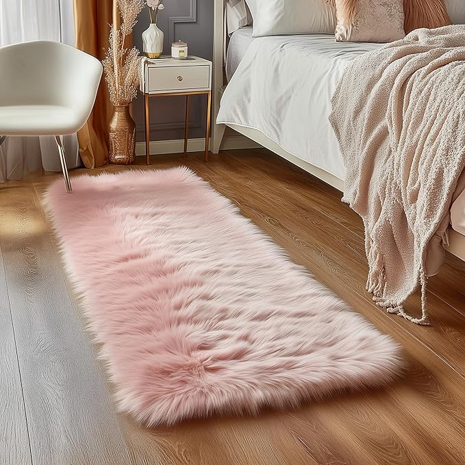 Goolela Pink Fluffy Fuzzy Furry Runner Rug 2X6 Light Pink Faux Sheepskin Fur Rug for Girls Bedroom Bedside Rug Plush Shaggy Washable Rectangle