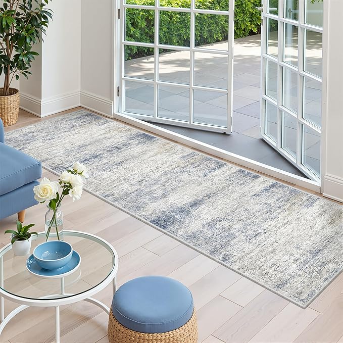 Rug Runners for Hallways Non Slip - 2x8 Runner Rug for Bedroom, Washable Runner with Rubber Backing, Soft Low-Pile Carpet for Kitchen, Laundry, Bathroom (2'x8', Blue/Brown/Ivory)