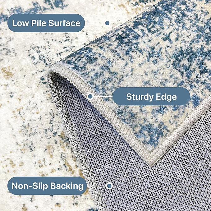 BEIMO Area Rugs 10x14 for Living Room Bedroom, Modern Abstract Machine Washable Rug, Large Soft Low Pile Floor Carpet with Non Slip Backing for Dining Room, Navy Blue Beige