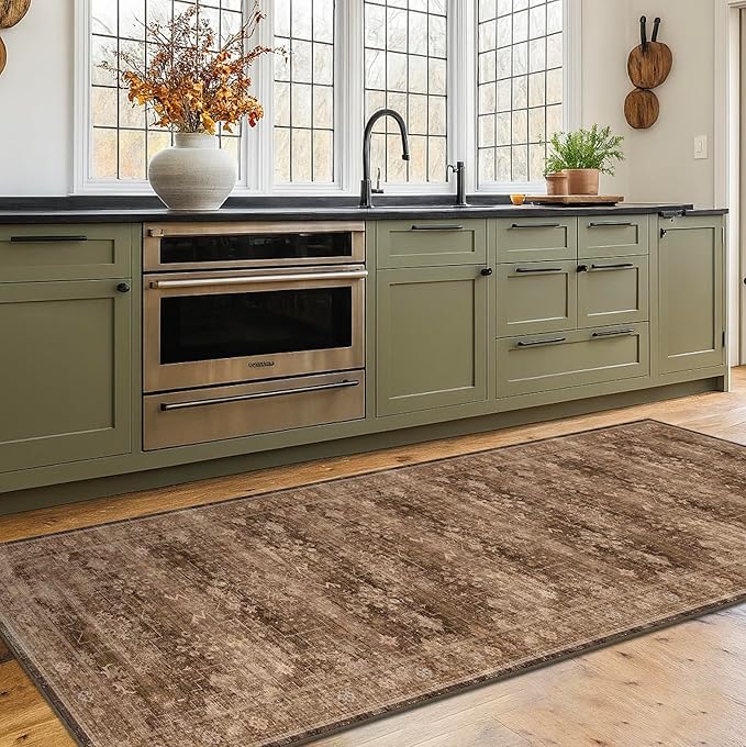 Brown Washable Long Runners for Hallways, 3x8 Wide Kitchen Runner Rug, Entryway Indoor Rug, Non Slip Rubber Backing Boho Vintage Dark Floor Decor