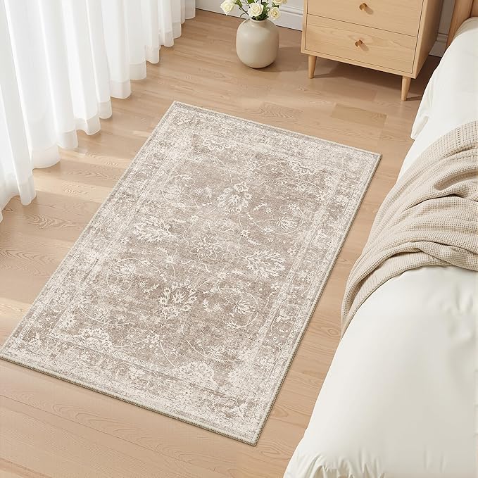Madane 2x3 Washable Rugs for Entryway, Low Pile Non-Slip Small Area Rug Kitchen Door Mat, Vintage Soft Throw Neutral Rug Floor Mat for Indoor Front Entrance Bathroom Hallway (2 x 3, Brown/Sand)