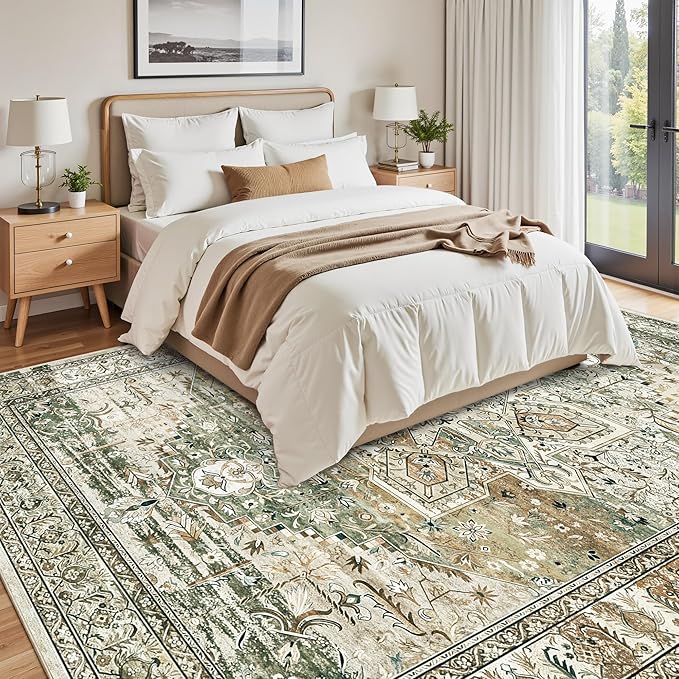 Soalmost Washable Area Rug 8x10, Large Soft Rugs for Living Room Farmhouse Vintage Area Rugs for Bedroom Dining Room Non-Slip Stain Resistant Under Table Rug Olive Beige