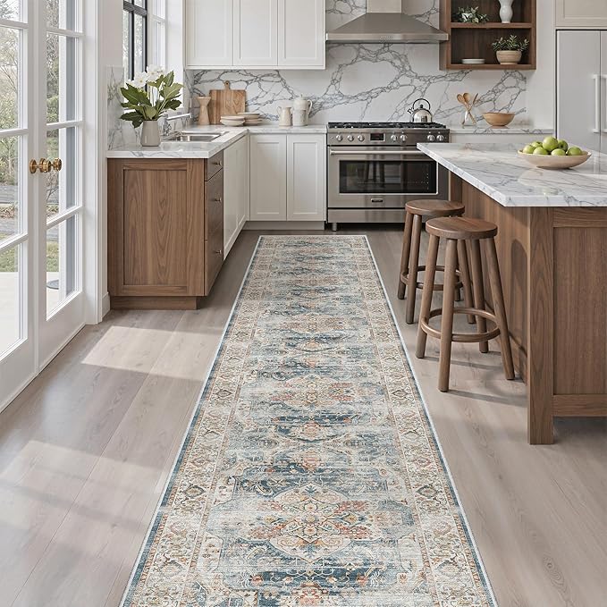 Madane Hallway Runner Rug 2x12, Extra Long Washable Runner Rugs with Rubber Backing, Non Slip Carpet Runner, Vintage Rug Runners for Kitchen Laundry Room Entryway (Navy, 2'x12')