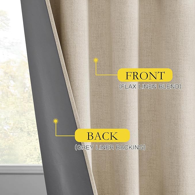 NICETOWN Cream 100% Blackout Linen Curtains 84 inch Long Burg for Living Room, 1 Pair, 62" Width Each Panel, Farmhouse Thick Completely Blackout Window Treatment Thermal Insulated Drapes