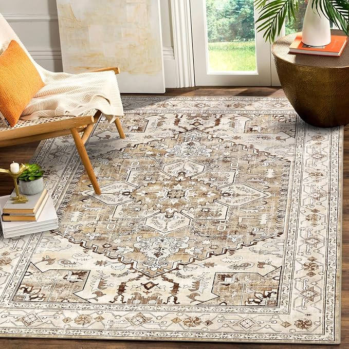Yamaziot Area Rug 5x7, Non-Slip Washable Boho Vintage Living Room Bedroom Rug with Rubber Backing, Low Pile Faux Wool Soft Distressed Rug Floor Carpet for Living Room, Bedroom