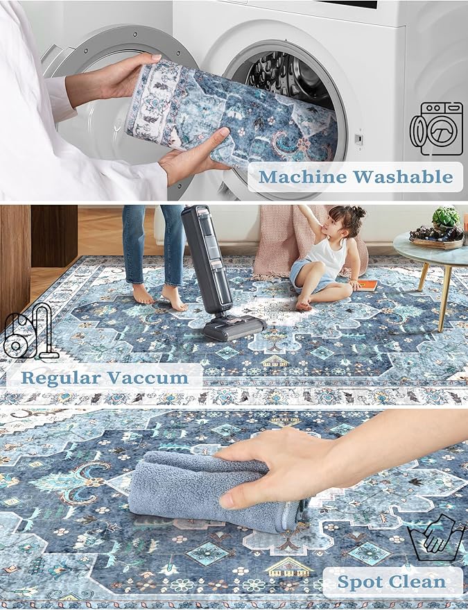 SERISSA Boho Washable Runner Rug, 2x5 Rug Non-Slip Vintage Blue Hallway Kitchen Runner Rug Ultra Soft Print Distressed Floor Carpet for Bedroom Bathroom Laundry Living Room