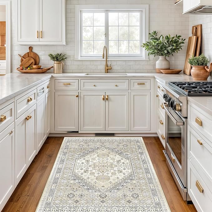 4x6 Area Rugs for Living Room, Non-Slip Backing Small Kids Rugs for Bedroom, Vintage Floral Rug Home Decor, Low Pile Soft Washable Rug for Kitchen, Dining Room (Beige,4'x6')