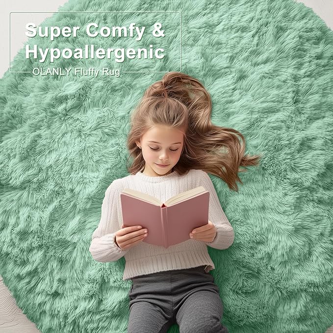 OLANLY Mint Green Round Rugs for Bedroom - Machine Washable, 3 ft Circle Area Rugs for Living Room, Soft and Fluffy Shaggy Carpet for Teen Girls and Boys, Nursery Rooms, Dorms, Home Decor Aesthetic