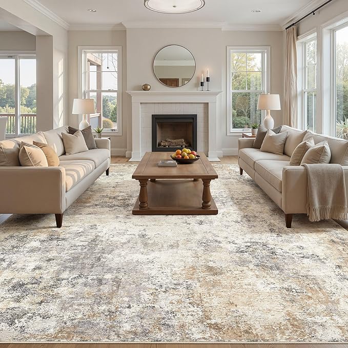 UERMEI 12x14 Area Rug Living Room Rugs - Washable Neutral Modern Abstract Soft Thin Large Rug Indoor Floor No Slip Rug Carpet for Bedroom Under Dining Table Home Office Decor - Golden Grey