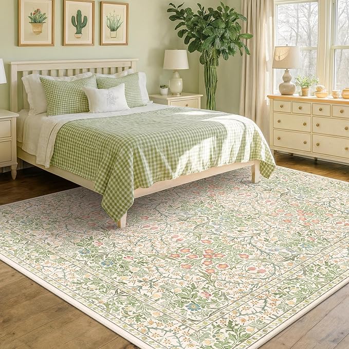 Light Green Bedroom Rug, 7x10 Washable Area Rug Non-Slip for Living Room, Nursery, Kids Room, Dining Room, Vintage Beige Botanical Low Pile Soft Carpet Fade Resistance