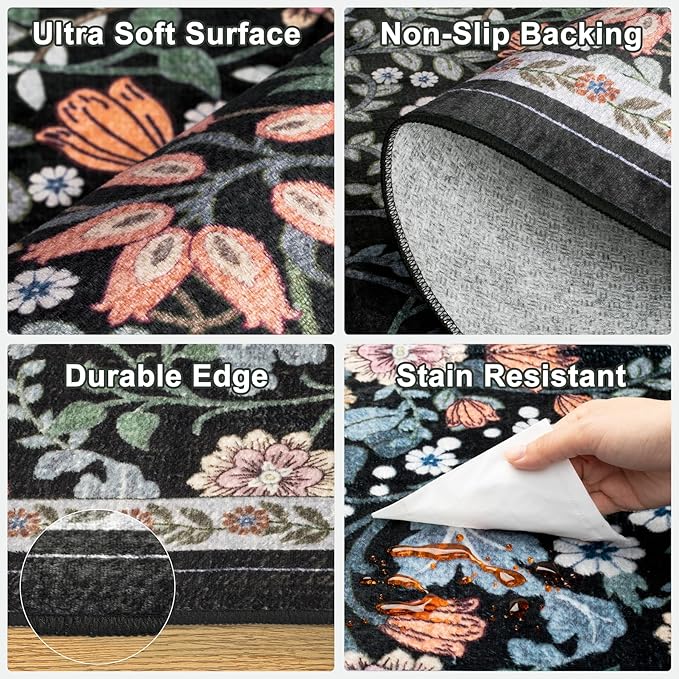 Round Area Rug for Living Room: 6 ft Floral Washable Circle Rug Soft Boho Non-Slip Carpet Indoor Stain Resistant Low Pile Small Circular Rug for Bedroom Entryway Kitchen Nursery Home Office Dark Black