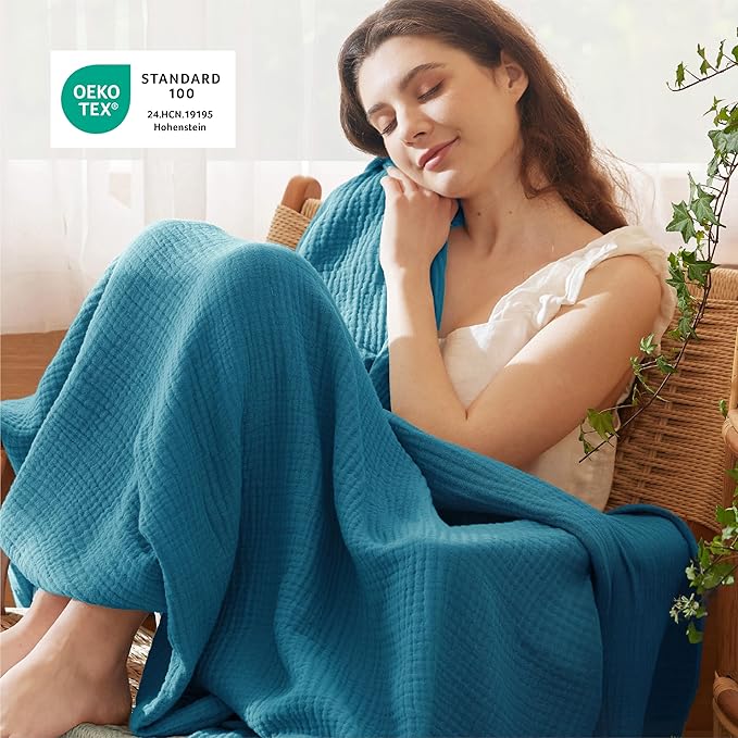 Bedsure 100% Cotton Muslin Blanket Queen Size for Bed - 4-Layer Breathable and Lightweight Thin Soft Summer Gauze Muslin Blankets for Adults, Teal, 90x90 Inches