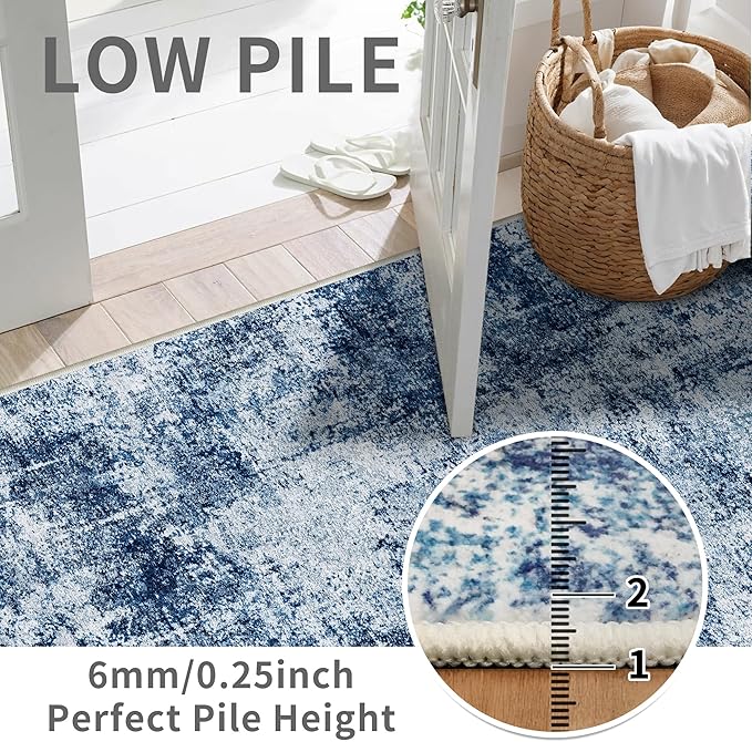 2x5 Washable Runner Rug for Hallway: Non Slip Entryway Runners Rugs Easy-to-Clean - Soft Living Room Bedroom Carpet - Thin Low Pile Floor Mat for Dining Room Blue