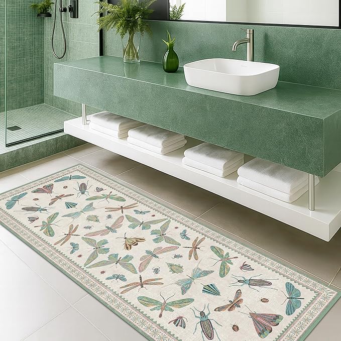 Hazo Haus Washable Non Slip Bathroom Runner Rug 2x5, Insect Boho Bath Mat, Stain Resistant Low Pile Butterfly Insect Print Rugs for Laundry Room, Powder Room, Beige Green