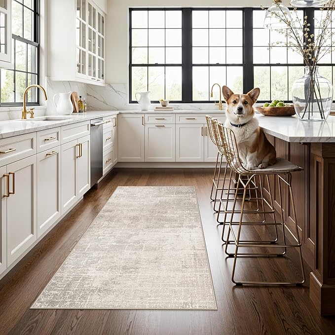 Washable 3x5 Kitchen Area Rug: Non-Slip Abstract Water-Resistant Entryway Doormat Soft Sink Fridge Bedroom Carpet Low Pile Stain-Resistant Bathroom Laundry Neutral Faded Floor Mat(3X5,Beige/Cream)