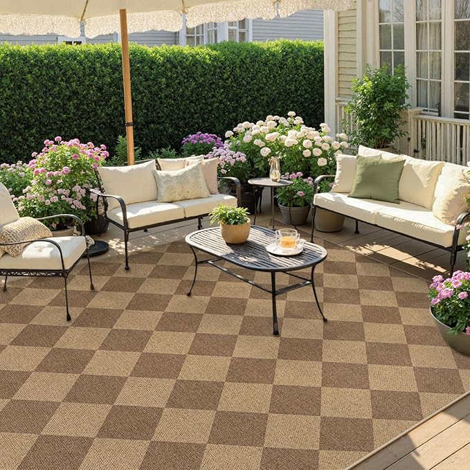 Lahome Colette Checkered Easy Jute Rug, 9x12 Washable Dining Room Rug Indoor Outdoor Carpet, Farmhouse Neutral Non Slip Non Shedding Stain Resistance Floor Carpet for Patio Living Room Office