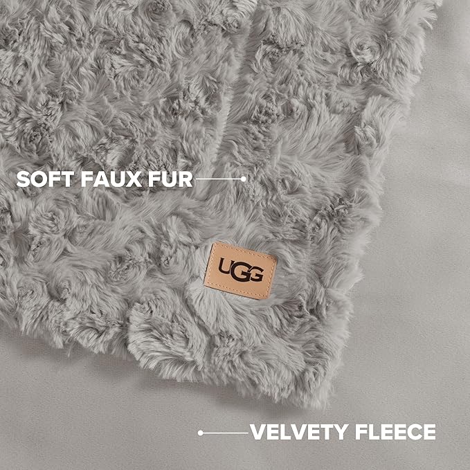 UGG Adalee Faux Fur King Size Blanket, Warm Cozy Blanket, Extra Large Throw for Sofa, Bedding for California King Size Bed, Cute Room Decor, 110" x 90", Seal Grey