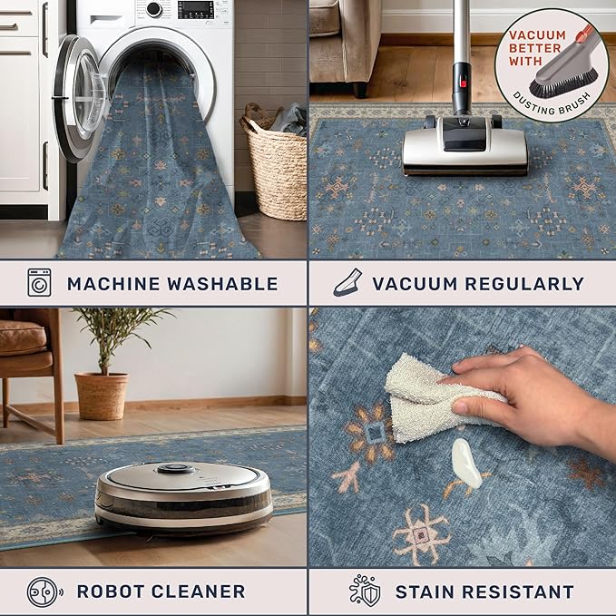 Hazo Haus Boho 9x12 Soft Rugs for Living Room - Dark Blue Rugs for Bedroom Aesthetic, Dining Room Under Kitchen Table, Washable Soft Non Slip Large Area Eclectic Unique Décor