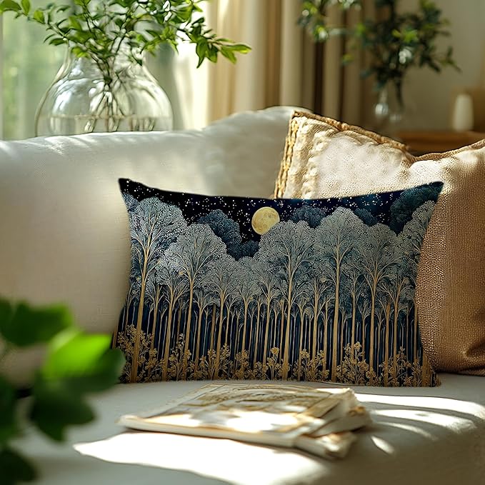 Rustic William Morris Inspired Forest Green Moon Decor Pillow Covers 12x20 Double-Sided,Vintage Night Moon Botanical Nature Landscape Decorative Throw Pillow Covers for Home Bedroom Living Room