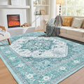 OPPODREAM Soft 6x9 Area Rugs, Washable Rug 6x9 with Non Slip Backing, Faux Cashmere Low-Pile 6 x 9 Carpet, Teal & Turquoise & Cream